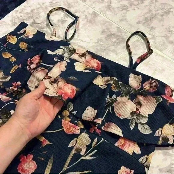 ASOS Blue Floral Spaghetti Strap Ruffle Knee Length Dress Size 12 - Picture 2 of 5